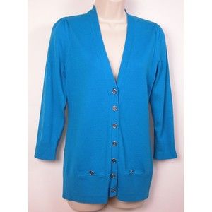 Anne Klein Womens Cardigan Sweater Small S V-Neck Lightweight Vivid Blue New $89
